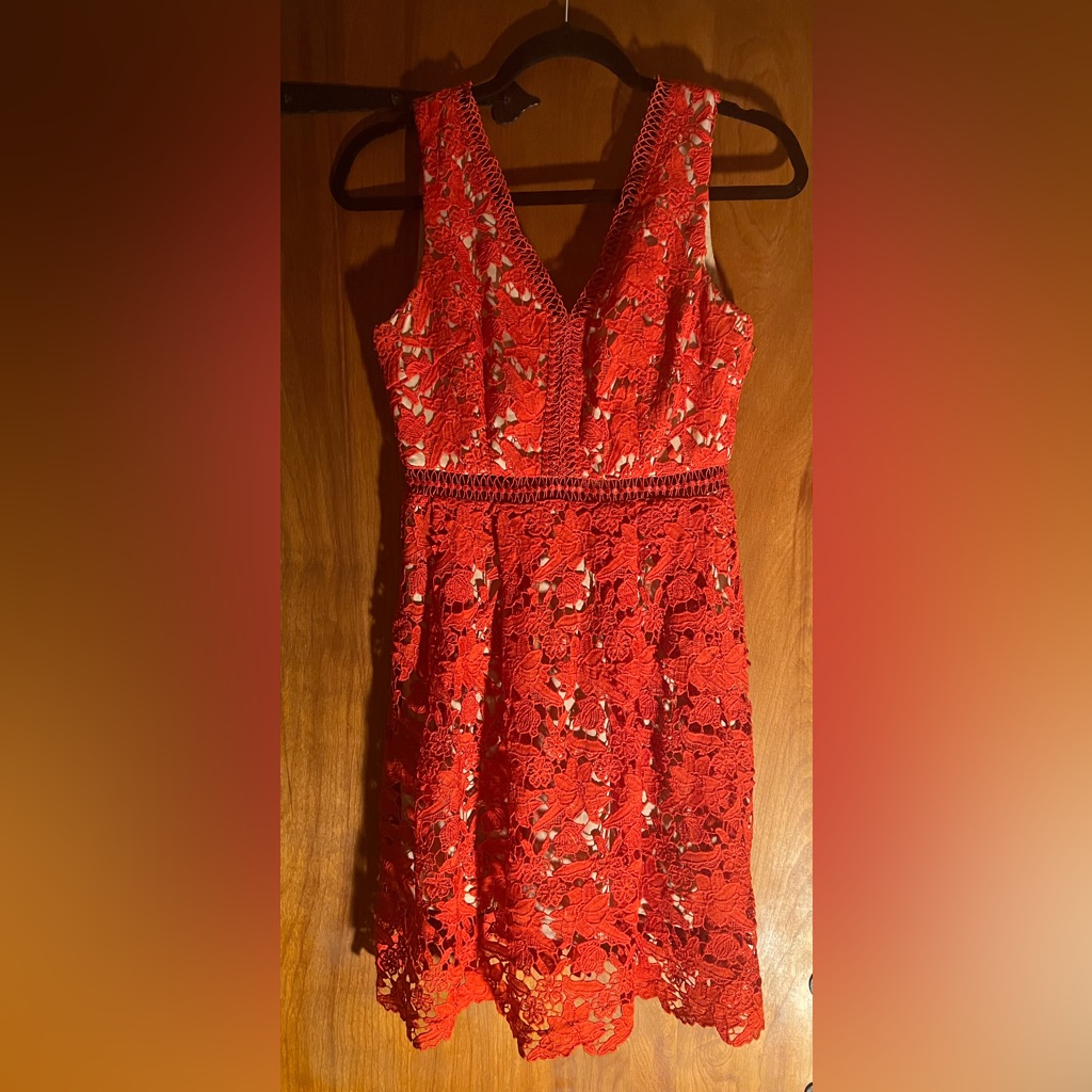 Dress By Alya Lacy Red Fully Lined In Tan Size Sm